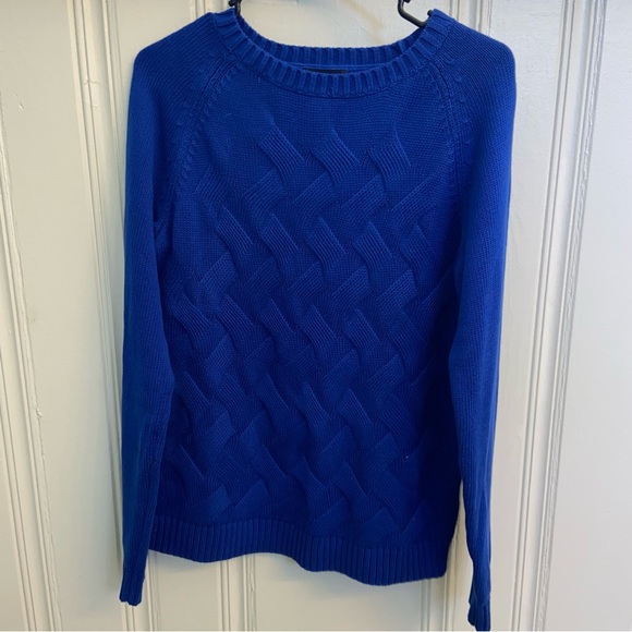 Lands’End Drifter Women’s Royal Blue Basket Weave Cotton Preppy Crew Sweater - Picture 1 of 5